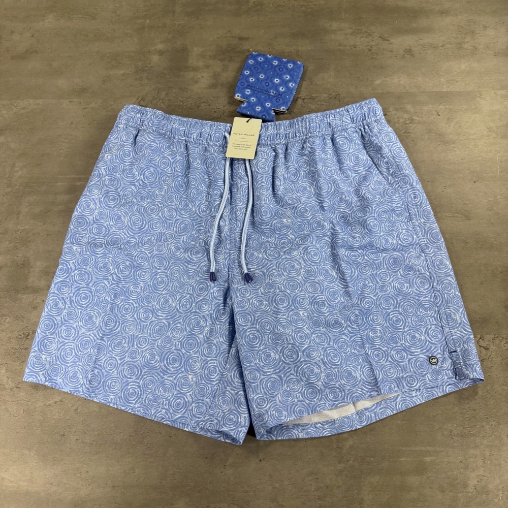 Peter Millar Swim Trunks Mens L Blue Swirl Stretch w/ Koozie NEW Geometric